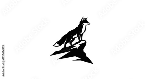 Silhouette of a fox standing on a rocky outcrop looking into the distance.