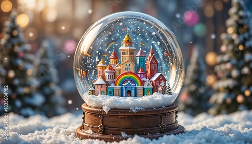 Magical christmas snow globe with colorful fairy-tale village and bright rainbow against snowy background and bokeh lights.