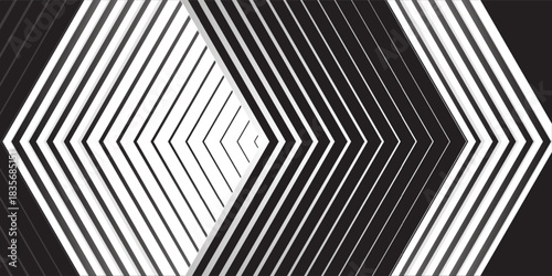 Minimal Black and White Background with Arrow Pointing Right. Striped Transition from Black to White Abstract Strict Lines. Simple Pattern. Vector Illustration.