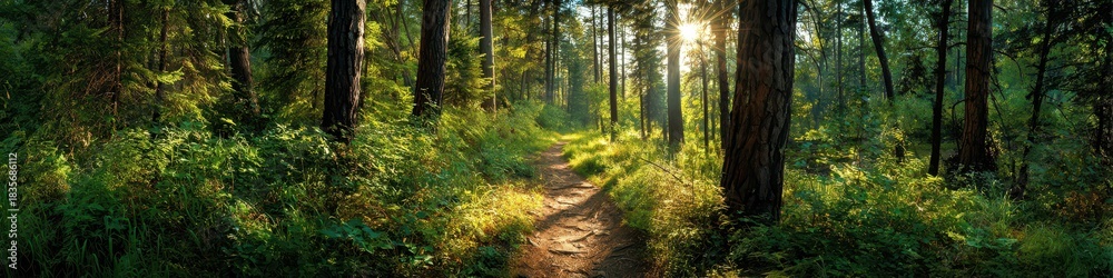 Obraz premium Sunlit Nature Trail Through a Lush Forest Landscape with Vibrant Green Trees
