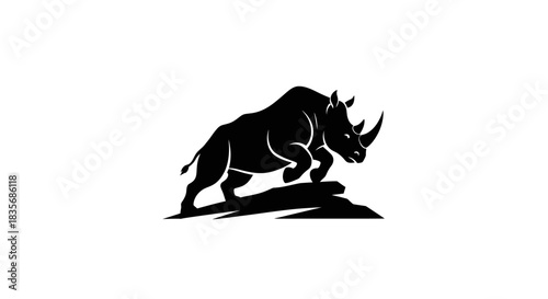 Silhouette of a charging rhinoceros on a rocky outcrop.