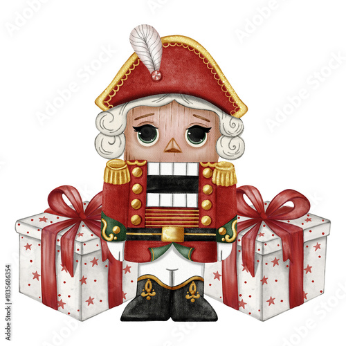 Foto Nutcracker surrounded by colorful Christmas gifts, drawn in a cozy hand-painted cartoon style