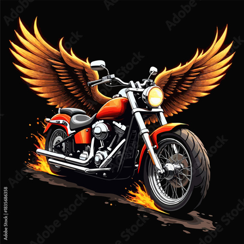 Vector t-shirt design with biker motorcycle with fire wings on black background. Fashionable print for fabric, paper, men clothing, hoodie, biker jacket. T shirt template.