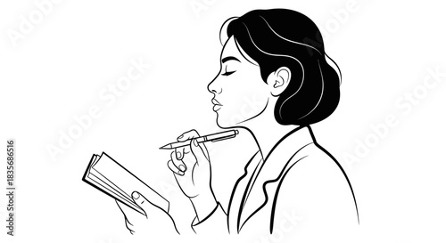 Woman Contemplating with Pen and Notebook in Hand.