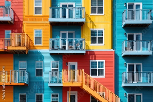 Vibrant Social Housing: Colorful Apartment Building with Unique Block-Shaped Balconies in Urban Setting