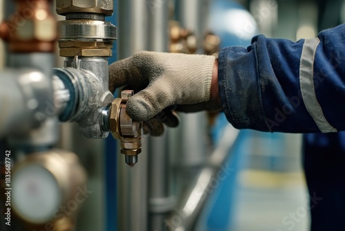 A gloved hand adjusts a valve on metal pipes in a factory setting.