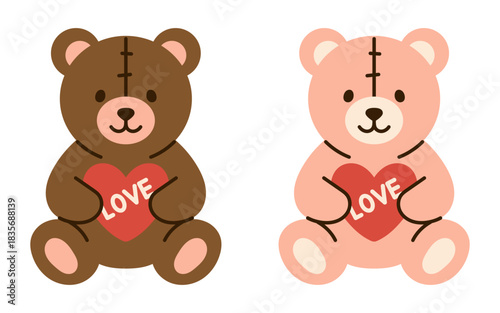 Vector set of two cute teddy bear characters holding red heart with love text on white background. Adorable Valentines day toy illustration for greeting card, kid product and romantic holiday design.