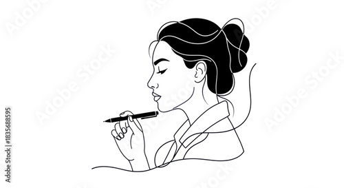 Minimalist line art portrait of a woman holding a pen.