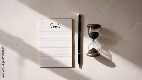Notebook labeled goals with hourglass and pen