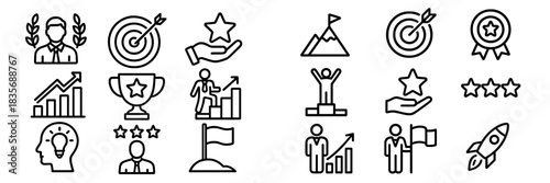 Success and achievement icons set for business goals, growth, winning, and leadership concepts