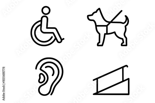 Minimalist symbols for disability access including wheelchair, guide dog, hearing, and ramp