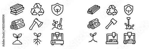 Sustainable forestry and woodworking concepts: lumber, recycling, planting, and tools