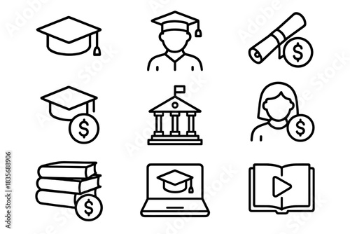 Financial cost of education featuring student, diploma, books, university, tuition, and scholarship