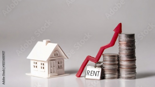Rising real estate investment with red arrow and coins