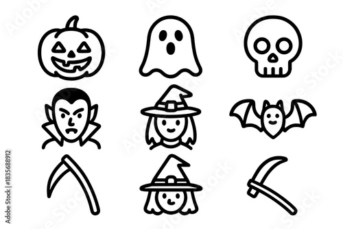 Set of spooky Halloween characters and objects in outline style on white background