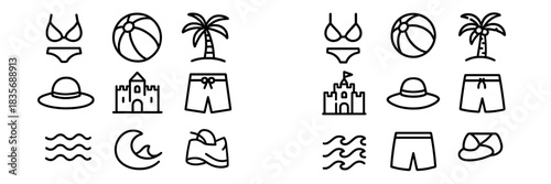 Summer vacation and beach holiday essentials including swimwear, sandcastle, palm tree, and ocean waves