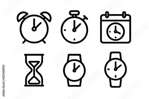 Set of outline symbols for time management, scheduling, and deadline tracking