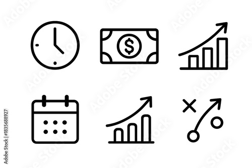 Business planning and financial management line icons representing time, money, growth, and strategy