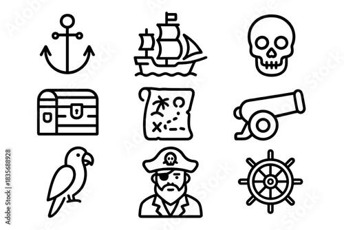 Pirate and treasure hunt elements including ship, skull, map, chest, anchor, and captain