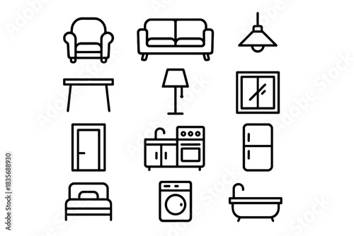 Essential home furniture and domestic appliances outline icons for interior design