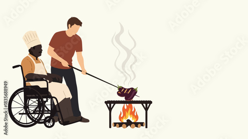 Two people enjoy outdoor cooking, one person grills eggplant over open fire while companion in chef hat watches. Engaging outdoor cooking activity fosters connection and shared experiences.