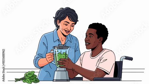 Woman and man prepare green smoothie in kitchen, holding blender. Diverse pair making healthy green smoothie includes fresh ingredients, promoting nutritious diet. Concept green smoothie for wellness,