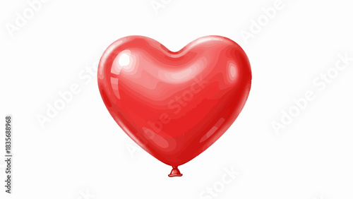 Bright red heart balloon floats on white, symbolizing love. Glossy red heart balloon features smooth surface, ideal Valentine's Day or romantic gestures. Simple red heart balloon motif cards,