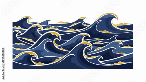 Stylized ocean waves with golden crests creating a dynamic blue marine pattern. Decorative ocean waves feature swirling deep blue water with white foam lines and glittering gold details.