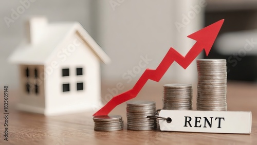 Stacked coins with rent sign and rising arrow beside house