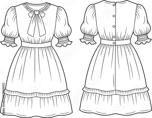 Cad drawing flat vector illustration of an elegant puff-sleeve midi dress design with bow tie neckline and detailed front and back views