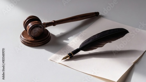 Gavel and feather pen placed on legal document