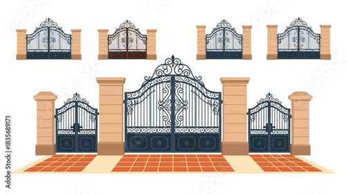 Ornate wrought iron gates in various designs and perspectives are shown