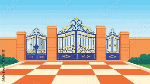 Ornate blue gate with golden details stands before a brick wall
