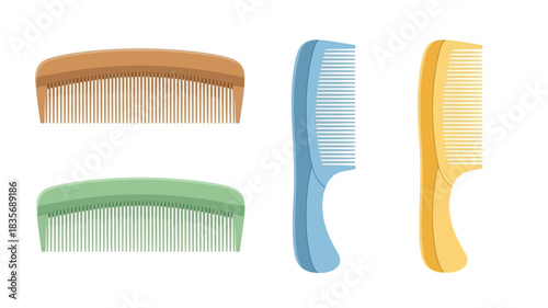 Illustration of colorful plastic hair combs in different styles and shades