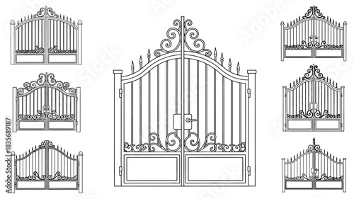 Detailed black and white illustration of ornate iron gates and elements
