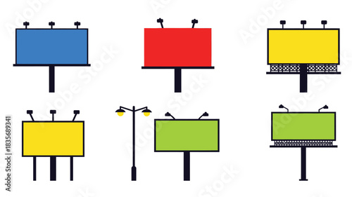 A colorful collection of illustrated billboards and street lamp posts