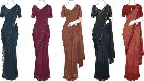 Elegant Indian saree fashion collection with embroidered details, traditional ethnic wear design and draped silhouettes, cad drawing flat vector illustration