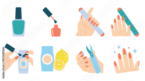 Colorful manicure tools and painted nails a complete nail care illustration
