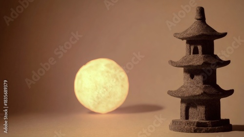 Stone pagoda and glowing moon in minimalist setting