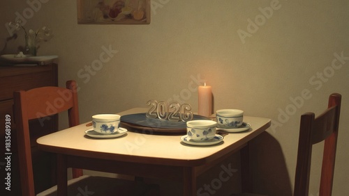 Cozy dinner table set with 2026 candle centerpiece