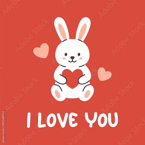 Vector cute bunny holding red heart with i love you quote on red background. Adorable romantic Valentines day card for greeting, kid product and holiday gift design.