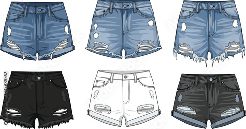 "Vector CAD flat illustration of distressed denim shorts collection featuring multiple washes, frayed hems, ripped details, and stylish apparel design templates"