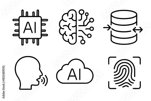 Artificial intelligence technology icons set for machine learning and biometric security