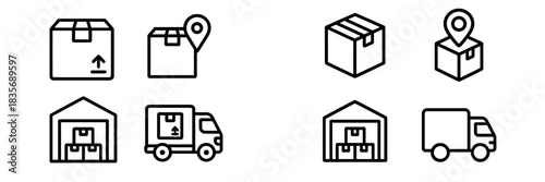 Outline icons for delivery, shipping, logistics tracking, packages, storage, and transport