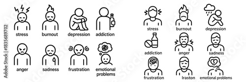 Line symbols for mental health issues and negative emotional states like stress and depression