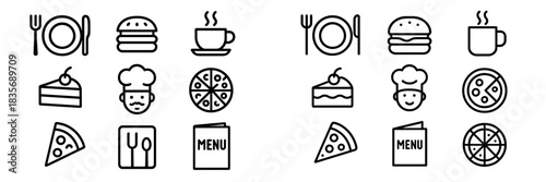 Essential dining and fast food items featuring plate, cutlery, burger, pizza, and coffee cup
