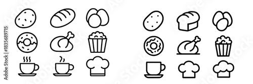 Minimalist outline icons collection featuring common food products and culinary elements