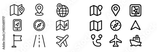Outline icons set for digital mapping, GPS navigation, travel routes, and location markers