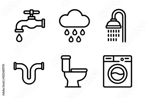Essential plumbing, bathroom, and laundry symbols including faucet, shower, toilet, and washing machine