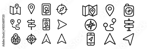 Minimalist black outline symbols for navigation, location, mapping, and travel routes